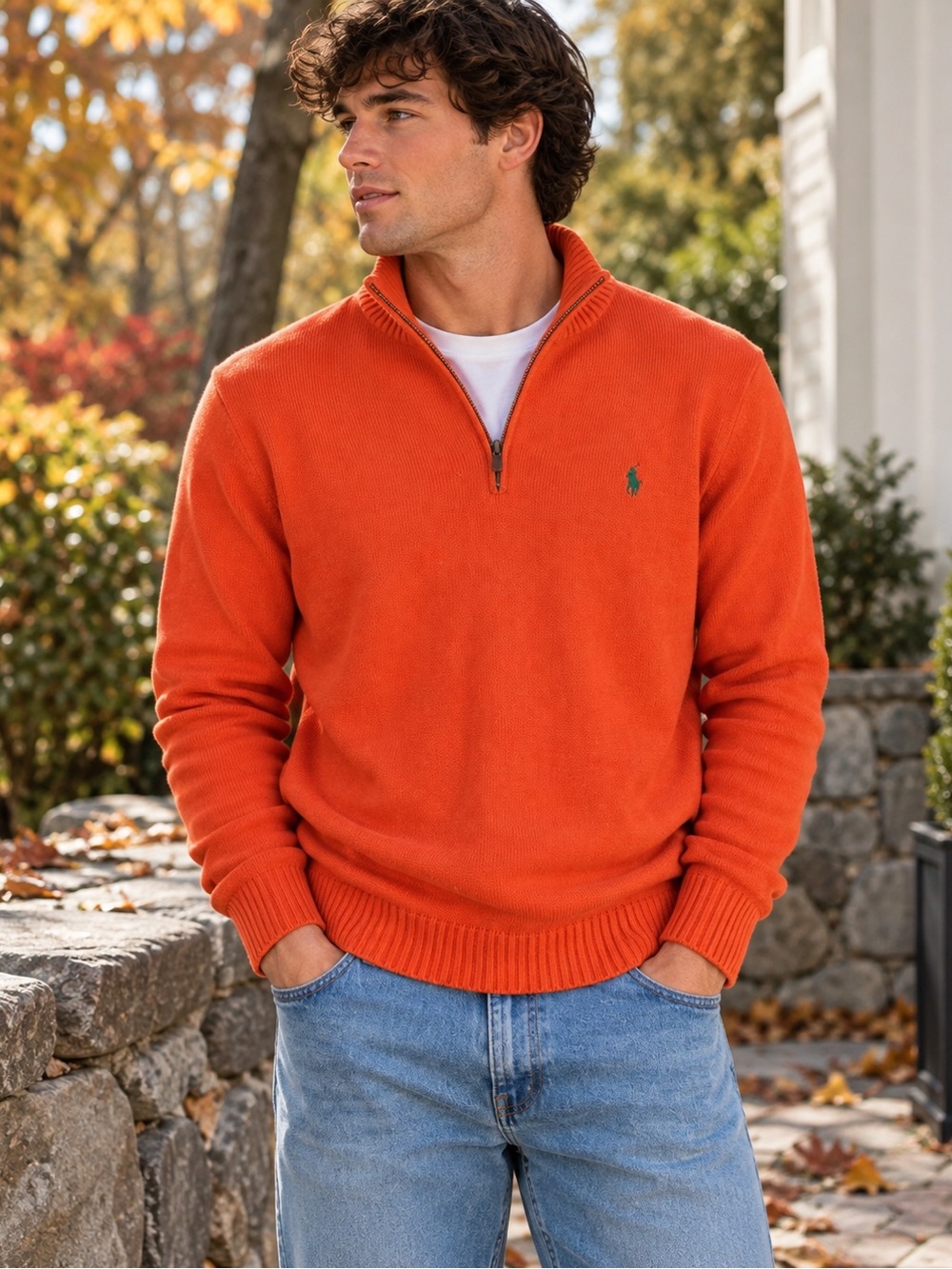 Polo Ralph Lauren Mens XL Orange Quarter Zip Cotton Sweater Green Pony Fall